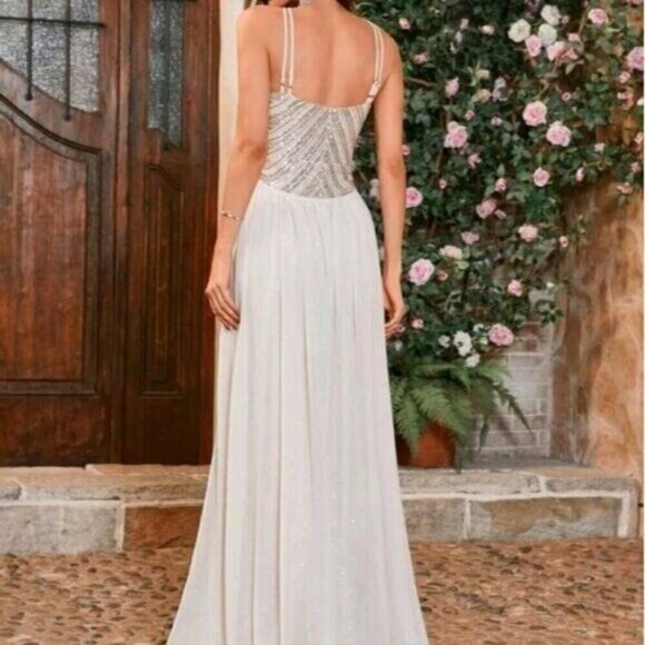 Silver,  O Neck, Sleeveless,  Detachable Skirt, Sequined Mermaid Gown - Picture 3 of 15